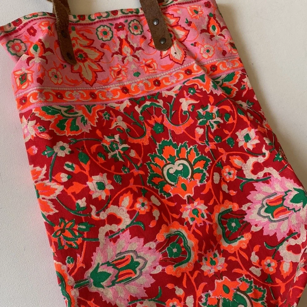 Floral boho sack tote bag with suede style straps